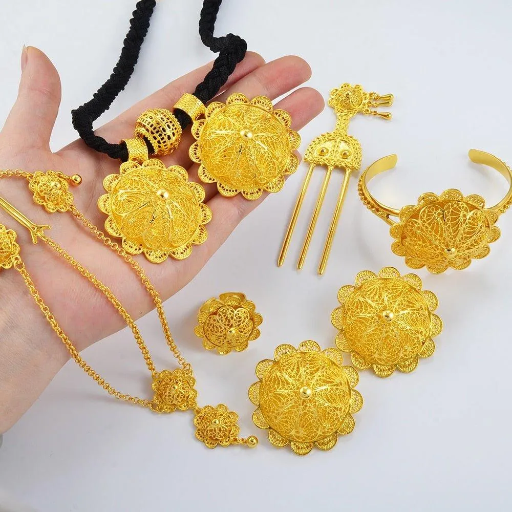 Habesha Eritrea  Ethiopian Traditional Jewelry | Eritrean Jewelry Set for Women | 6-Piece Ethiopian African Wedding Jewelry Collection Featuring Earrings, Necklace Pendant, Ring, Bangle, Hair Chain, and Hairpin.