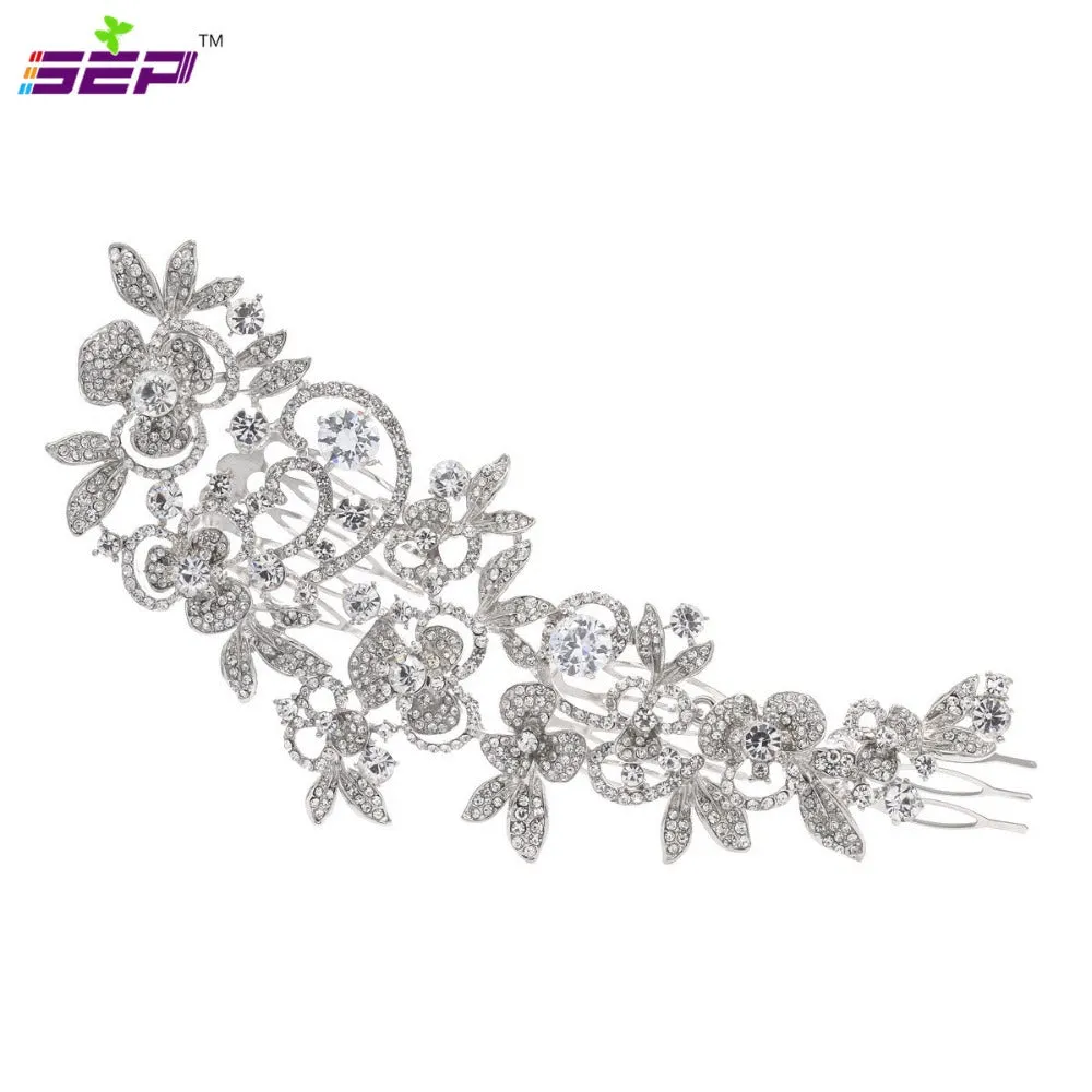 Long Flower  Comb Wedding  Rhinestone Crystals Bridal Hairpin Headpieces FA5027