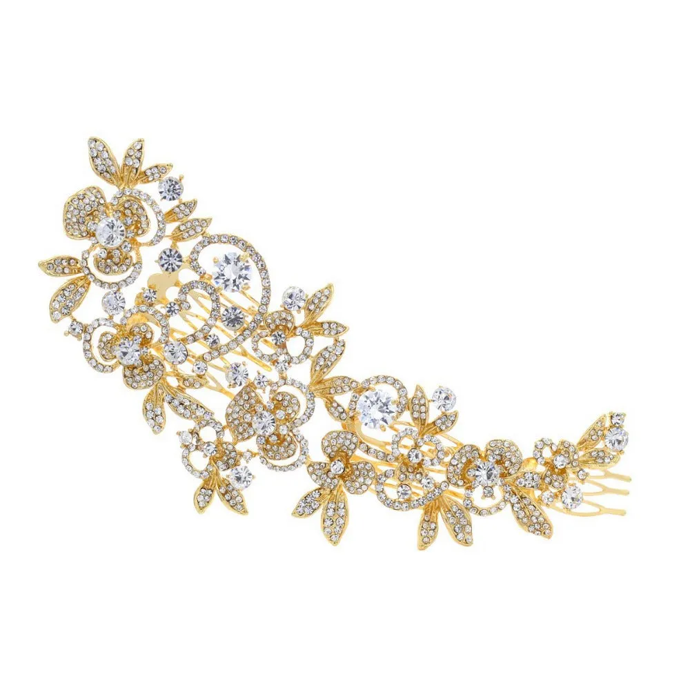 Long Flower  Comb Wedding  Rhinestone Crystals Bridal Hairpin Headpieces FA5027