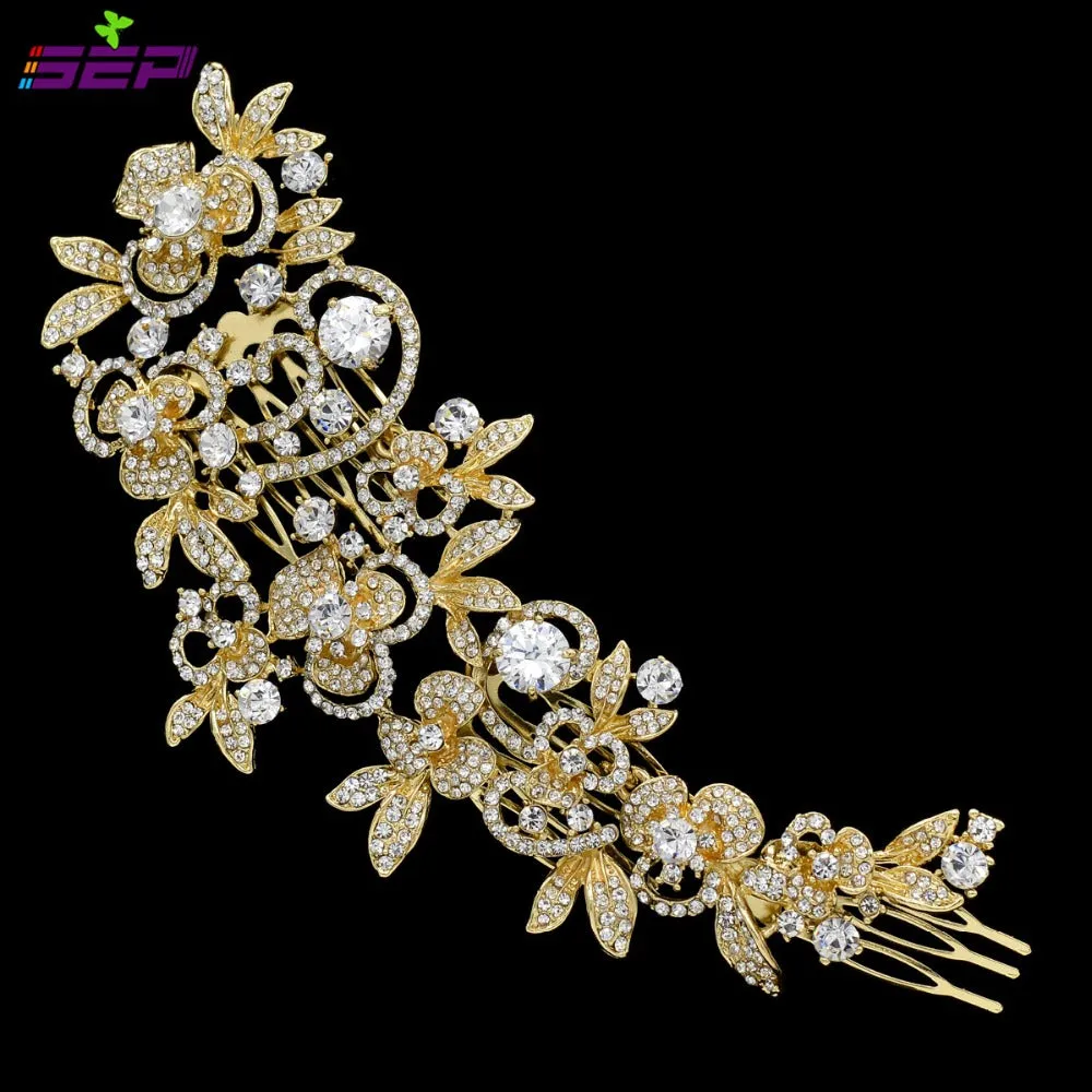 Long Flower  Comb Wedding  Rhinestone Crystals Bridal Hairpin Headpieces FA5027