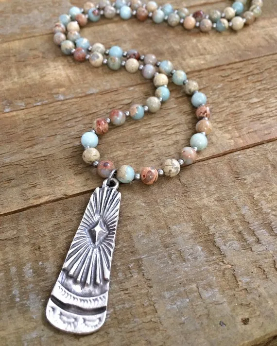 Long Stone Necklace, Stone Bohemian Jewelry, Silver Boho Necklace, Silver Pendant Necklace, Boho Jewelry