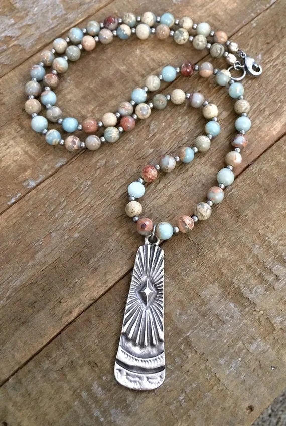 Long Stone Necklace, Stone Bohemian Jewelry, Silver Boho Necklace, Silver Pendant Necklace, Boho Jewelry