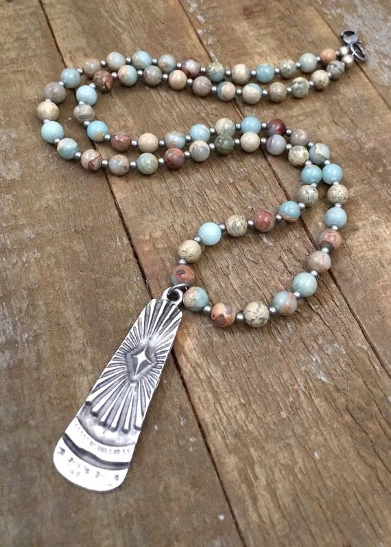 Long Stone Necklace, Stone Bohemian Jewelry, Silver Boho Necklace, Silver Pendant Necklace, Boho Jewelry