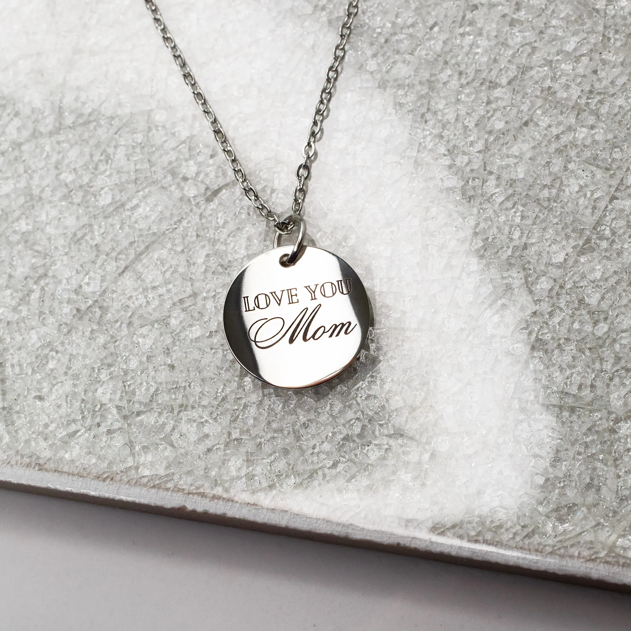 Love You Mom Engraved Script Pendant Necklace
