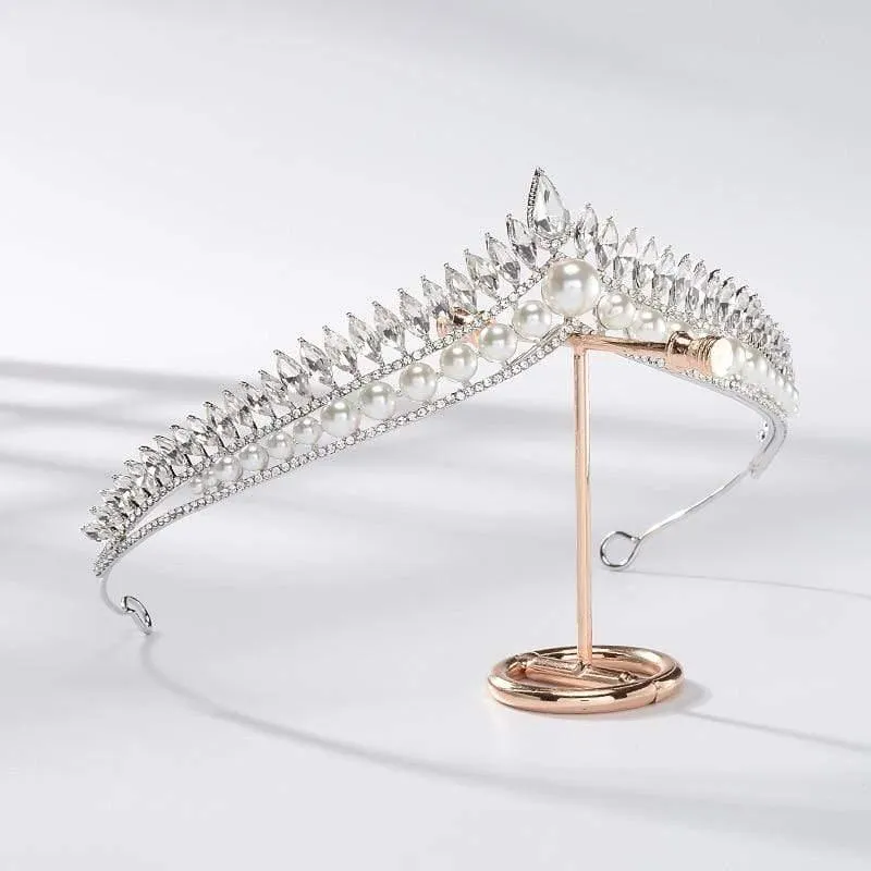 Luxury Pearl Princess Rhinestone Tiara - Queen Pageant Prom Crown for Weddings