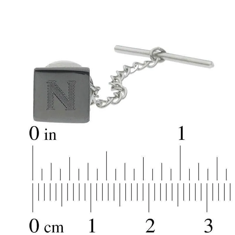 Men's Engravable Square Tie Tack in Brass with Gunmetal Grey Electroplate (1 Initial) of Trendolla
