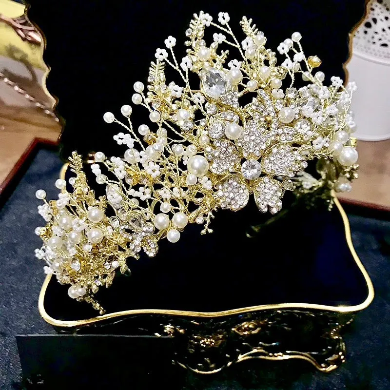 "Carolyn" - Pearl and Crystal Bridal Tiara - Available in Yellow Gold and Silver