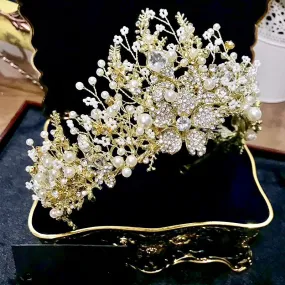 "Carolyn" - Pearl and Crystal Bridal Tiara - Available in Yellow Gold and Silver