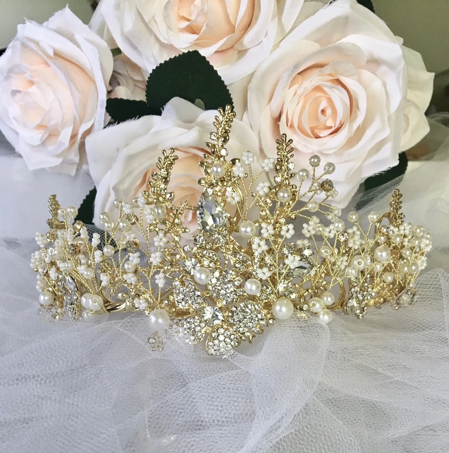 "Carolyn" - Pearl and Crystal Bridal Tiara - Available in Yellow Gold and Silver