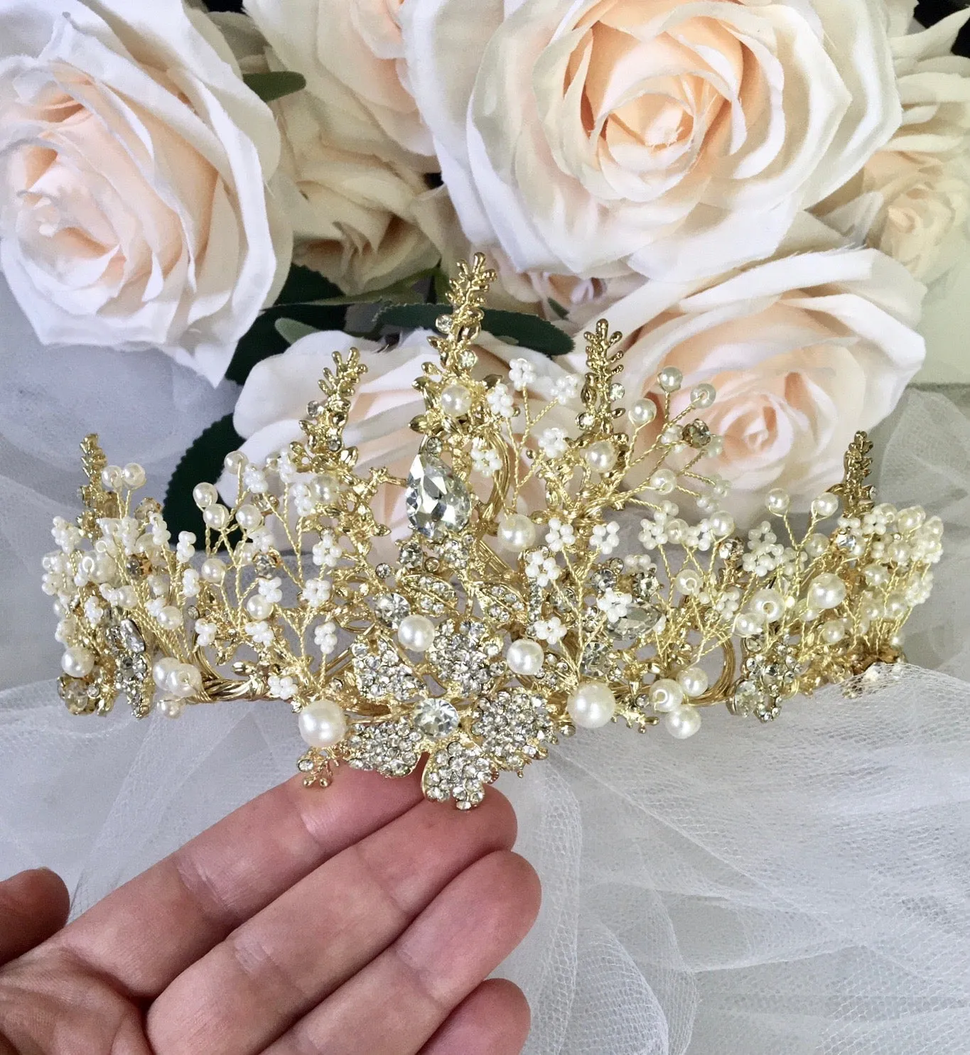 "Carolyn" - Pearl and Crystal Bridal Tiara - Available in Yellow Gold and Silver