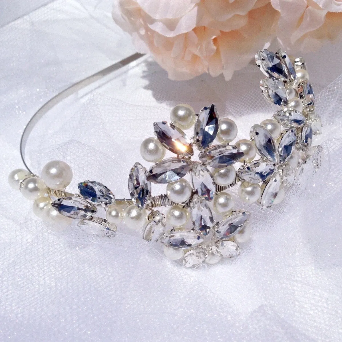 "Cornelia" - Silver Pearl and Crystal Bridal Side-Headband