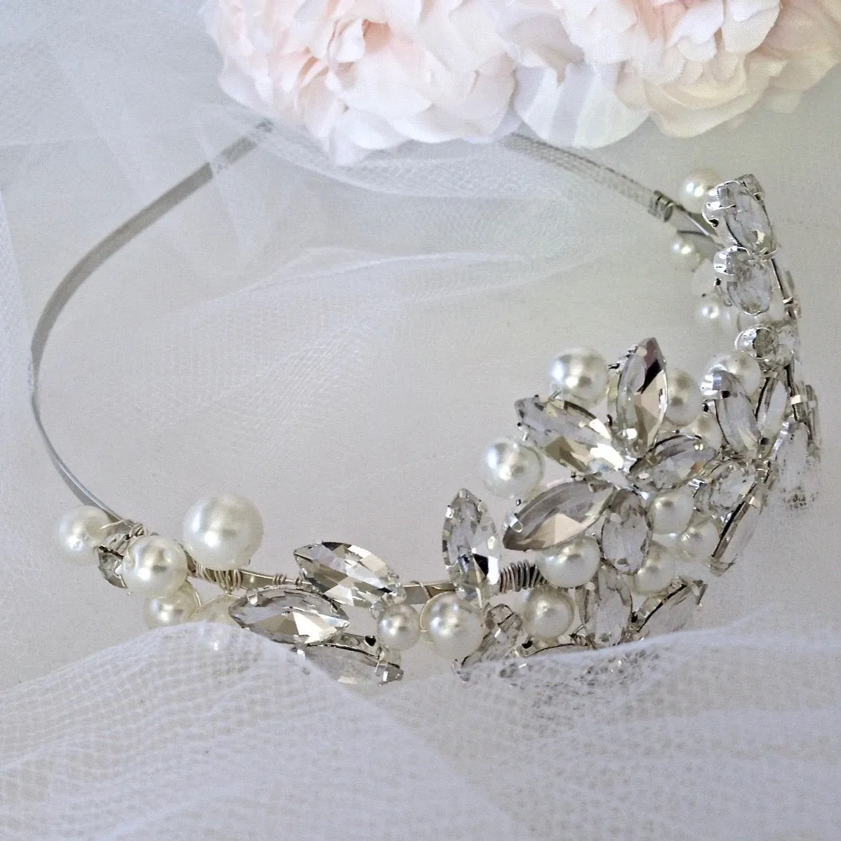 "Cornelia" - Silver Pearl and Crystal Bridal Side-Headband