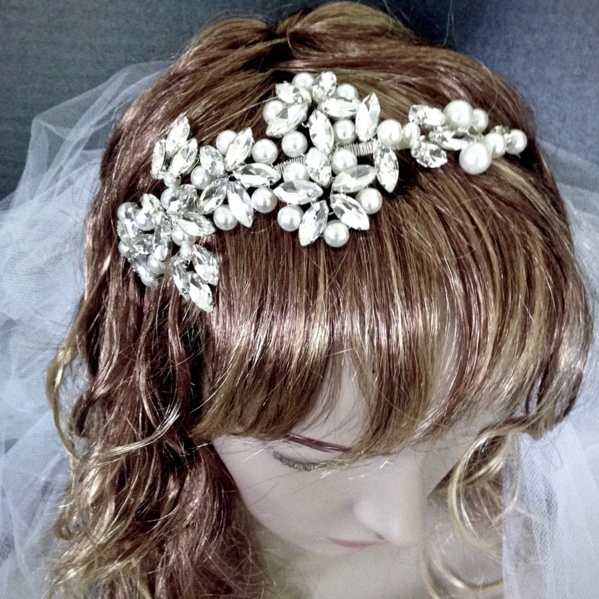 "Cornelia" - Silver Pearl and Crystal Bridal Side-Headband