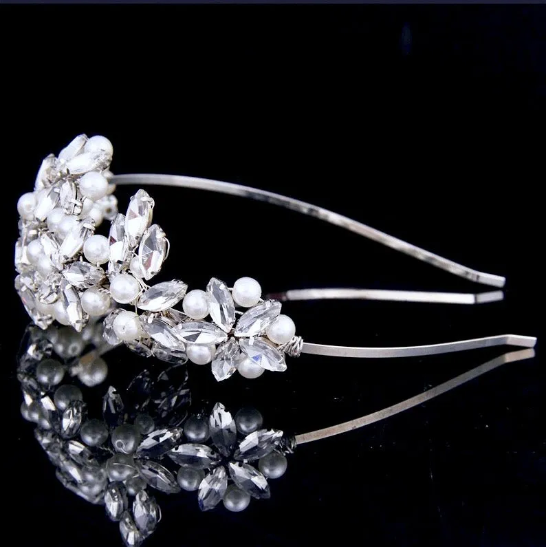 "Cornelia" - Silver Pearl and Crystal Bridal Side-Headband