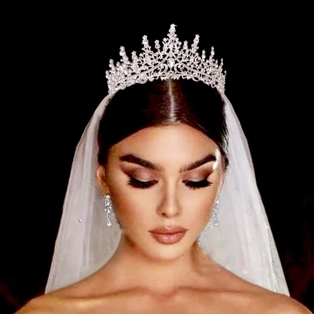 "Gayle" - Silver Cubic Zirconia 3-Piece Bridal Jewelry Set With Tiara
