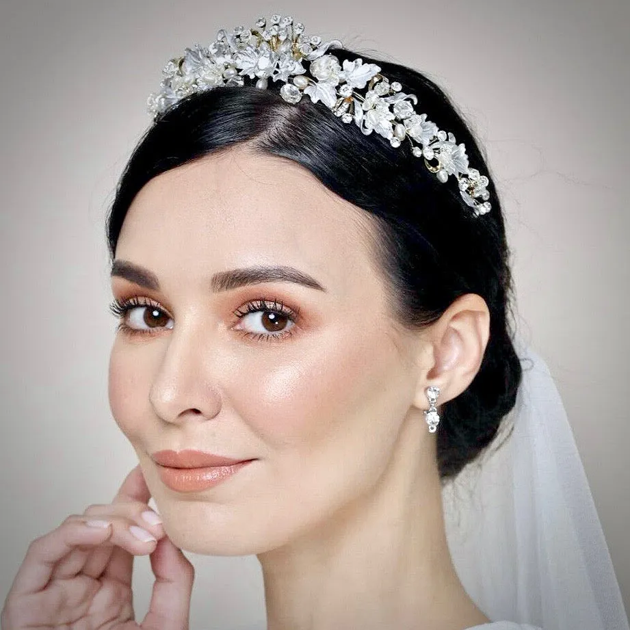 "Giada" - Pearl and Crystal Bridal Tiara - Available in Yellow Gold and Silver