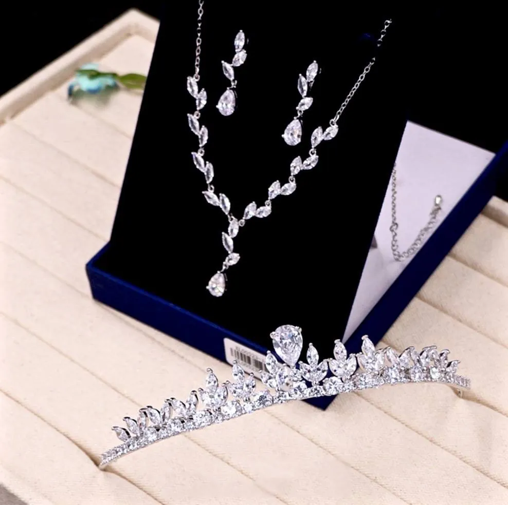 "Ivelina" - Silver Cubic Zirconia 3-Piece Bridal Jewelry Set With Tiara