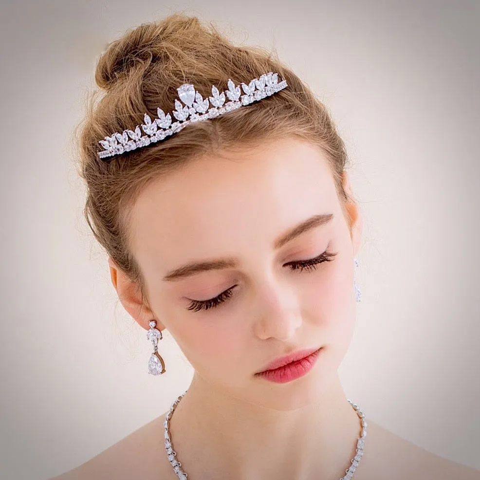 "Ivelina" - Silver Cubic Zirconia 3-Piece Bridal Jewelry Set With Tiara