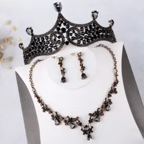 "Keeley" - Victorian Gothic Black Bridal 3-Piece Jewelry Set With Tiara