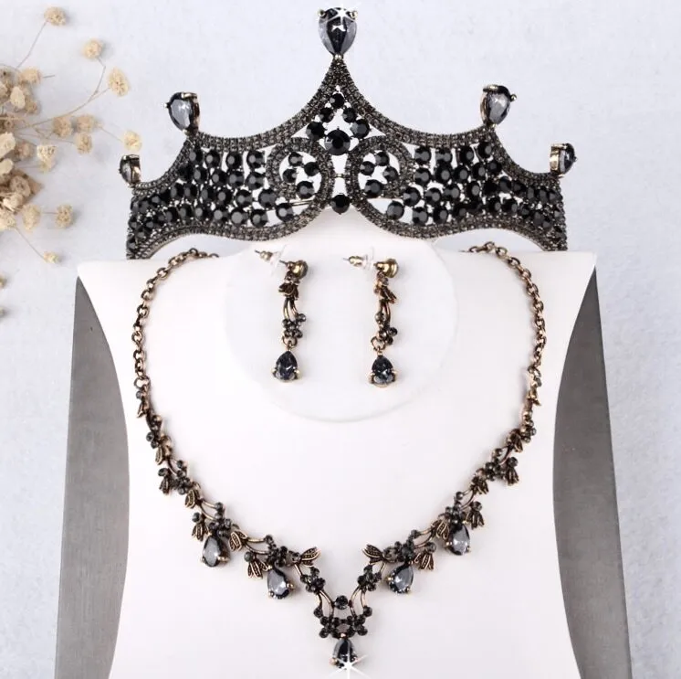 "Keeley" - Victorian Gothic Black Bridal 3-Piece Jewelry Set With Tiara