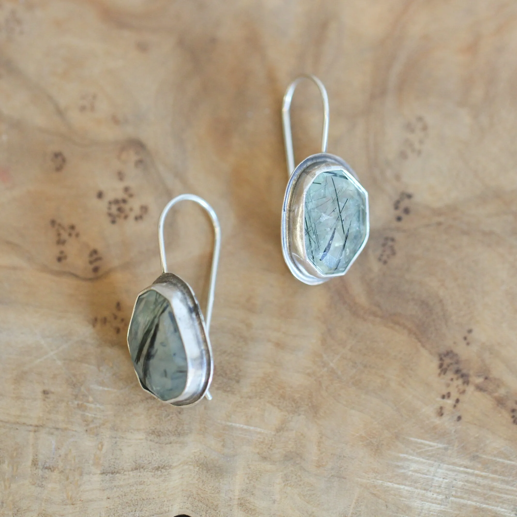 READY TO SHIP - Prehnite Drop Earrings - Prehnite Earrings - French Clip Earrings - Silversmith Earrings - Ooak