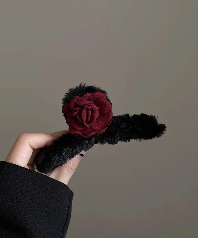 Women Black Fluffy Rose Shark Clamp Hairpin WP011